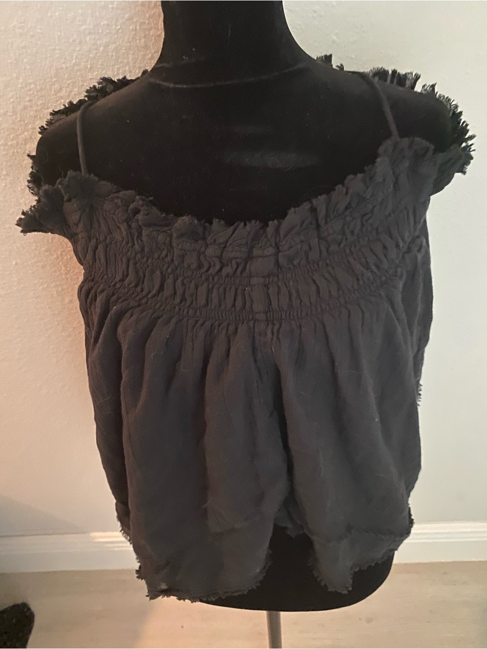Free People Black Smocked Off-Shoulder Crop Top